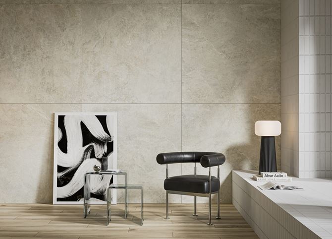 Wielkoformatowym kamień i białe cegiełki w aranżacji salonu