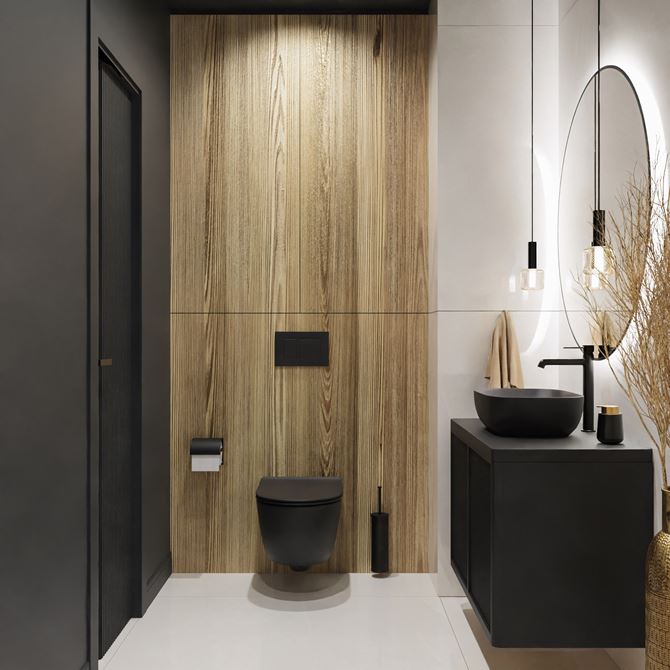 Kamień w jasnym odcieniu w aranżacji łazienki z ciemną ceramiką