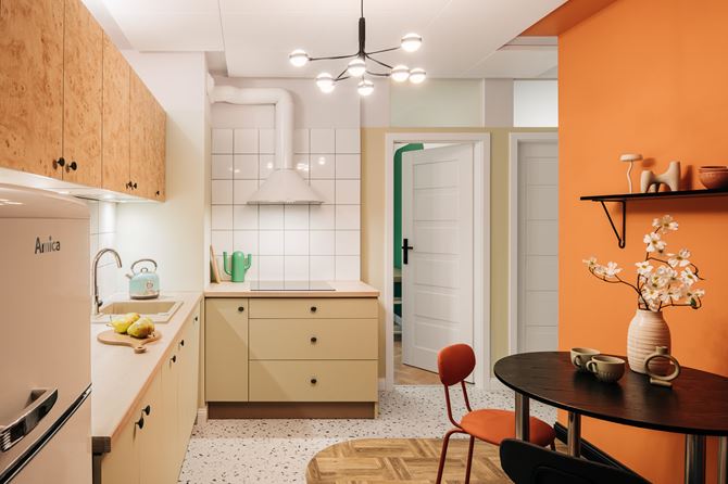 dekory Woodeco Art Deco PD7088, Kaszmirowy Beż PU1506 w aranżacji kuchni, projekt Leydo Tandem Studio
