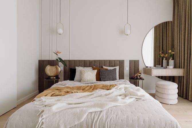 Aranżacja wnętrza sypialni z toaletką i półokrągłym lustrem projektu KODO