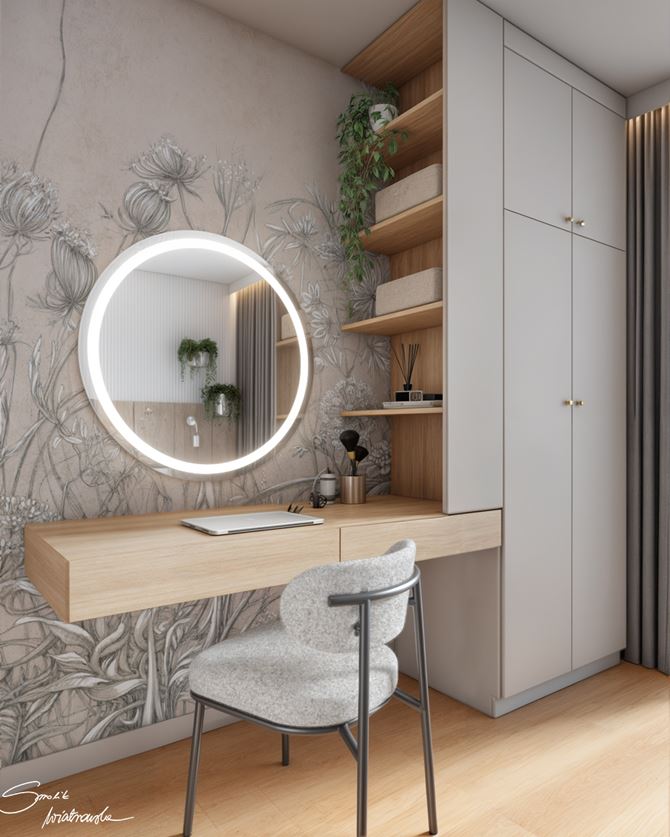 Toaletka i beżowa tapeta z roślinnym motywem w sypialni