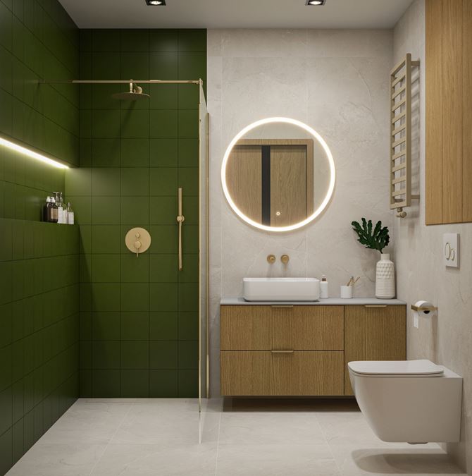 Kremowa łazienka z zielonymi kaflami i kabiną walk-in