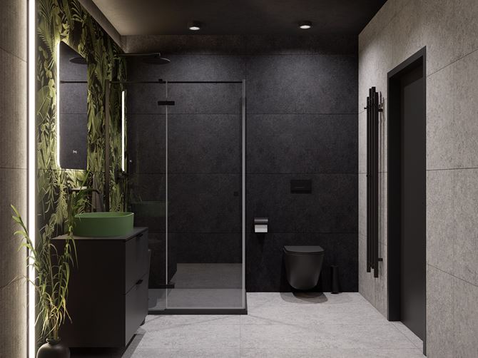 Łazienka w czarno-szarej kolorystyce z florystyczną ścianą