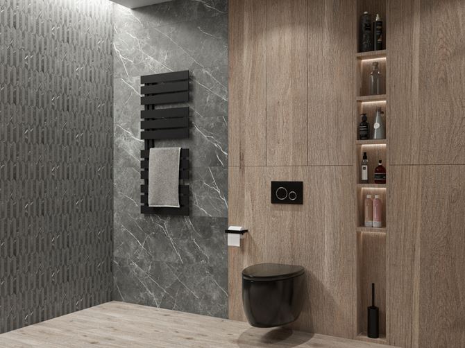 Kamień, mozaika i drewno w łazience z czarną ceramiką