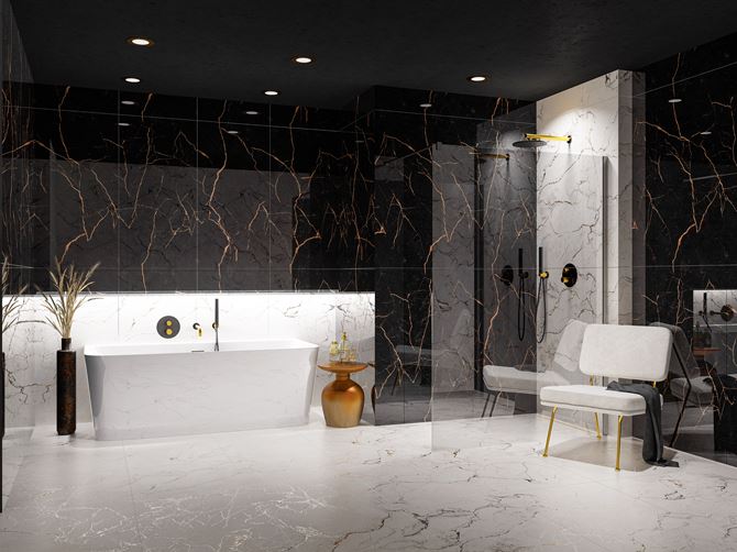 Czarno-biała łazienka w stylu glamour w polerowanych płytach