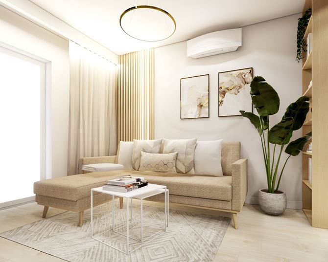 Niewielki salon z komfortową kanapą