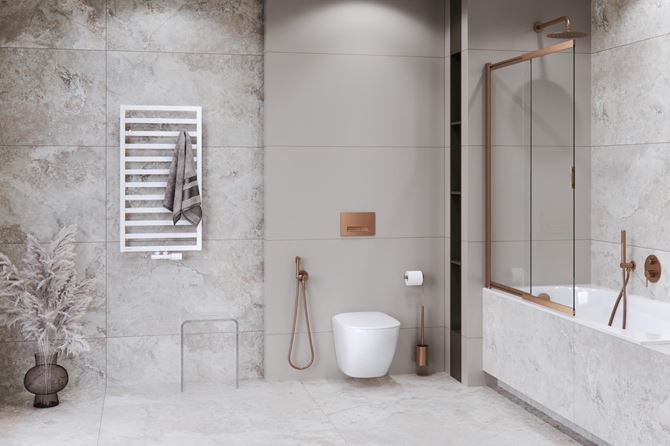 Szara łazienka w kamieniu z miedzianymi akcentami