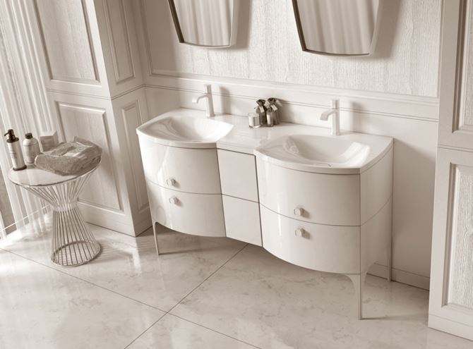 Biała łazienka z umywalką podwójną z kolekcji Oristo Louis