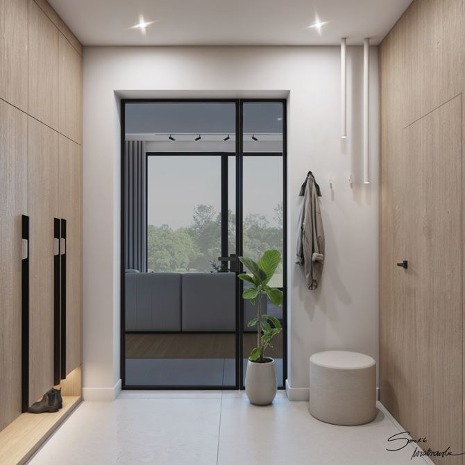 Nowoczesny wiatrołap z przeszklonymi drzwiami