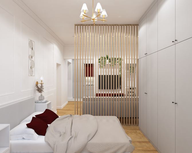 Sypialnia z salonem oddzielona ścianą z lameli