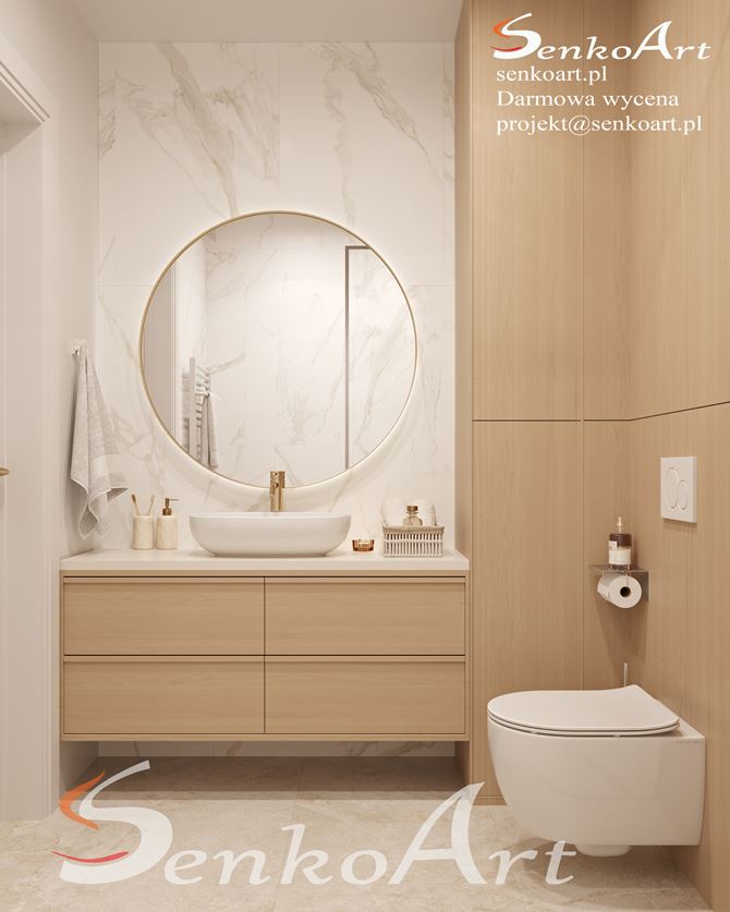 Mała łazienka z drewnianymi szafkami i marmurem na ścianie