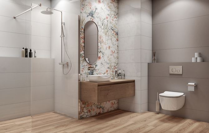Aranżacja nowoczesnej łazienki z dekorami Tubądzin Modern Pearl