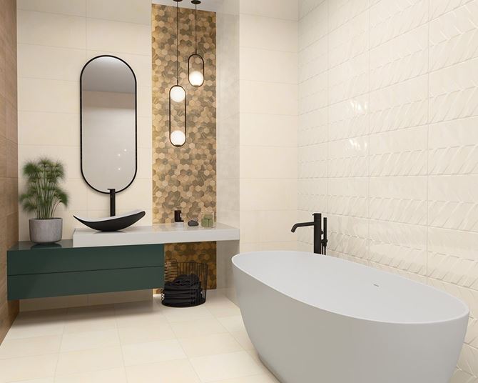 Kremowa łazienka Paradyż Ideal z heksagonalną mozaiką w drewnie