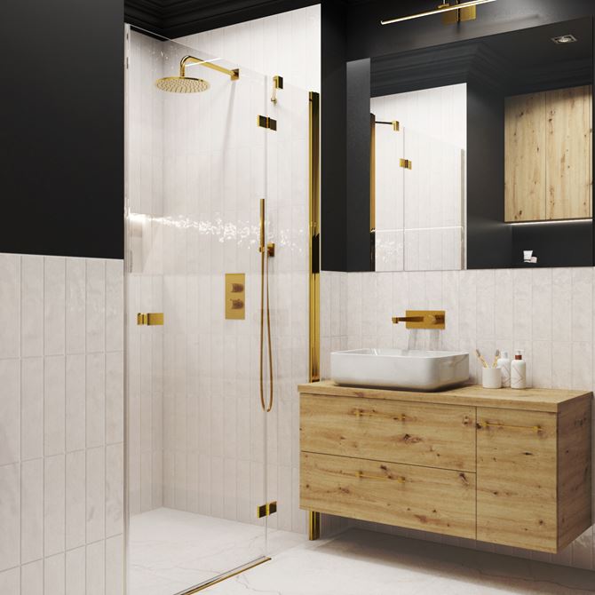 Czarno-biała łazienka z kabiną wnękową z drzwiami uchylnymi