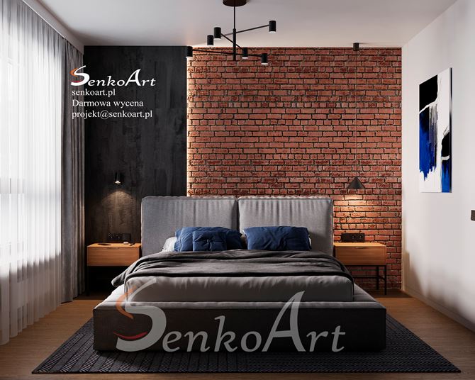 Industrialna sypialnia z cegłą i podświetlanym panelem