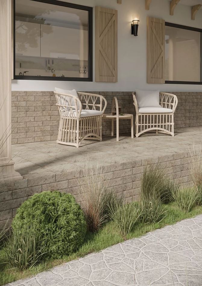 Detal beżowego klinkieru w aranżacji tarasu