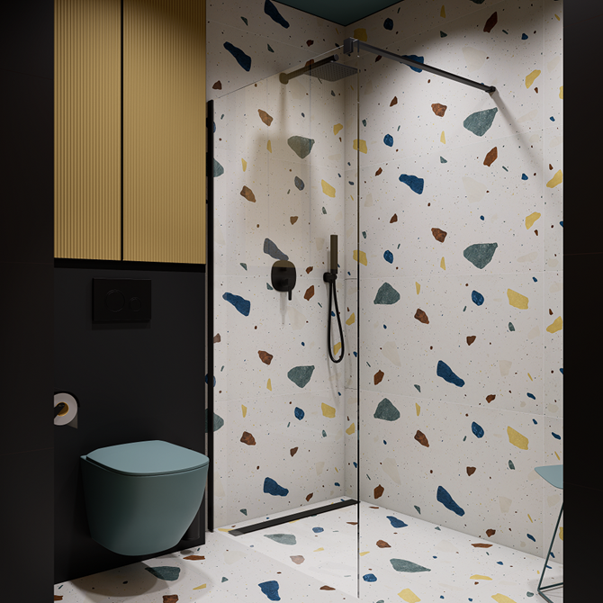 Łazienka w kolorach z kabiną walk-in i niebieską ceramiką