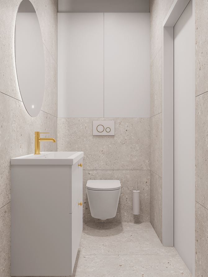 Szara łazienka z białą szafką i ceramiką