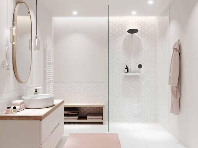 Biała łazienka z kabiną walk-in z mozaikowym wykończeniem 