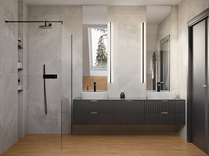 Szaro-brązowa łazienka na poddaszu z kabiną walk-in
