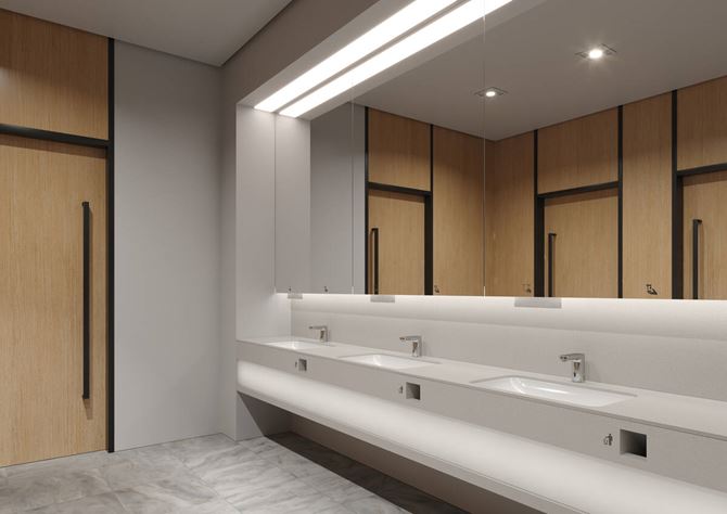 Aranżacja toalety publicznej z kolekcją armatury Hansgrohe Vernis Blend