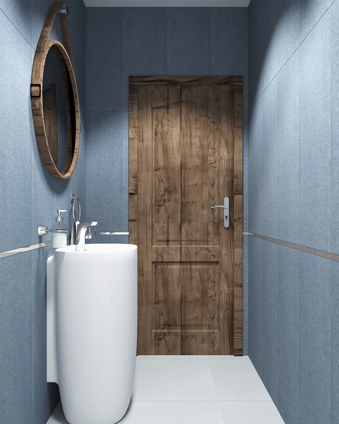 Granatowa łazienka z drewnianymi akcentami