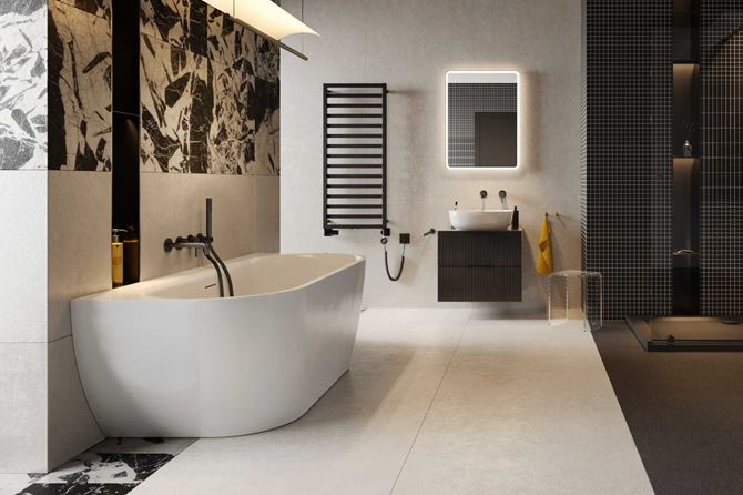 Łazienka w szarościach z wanną przyścienną