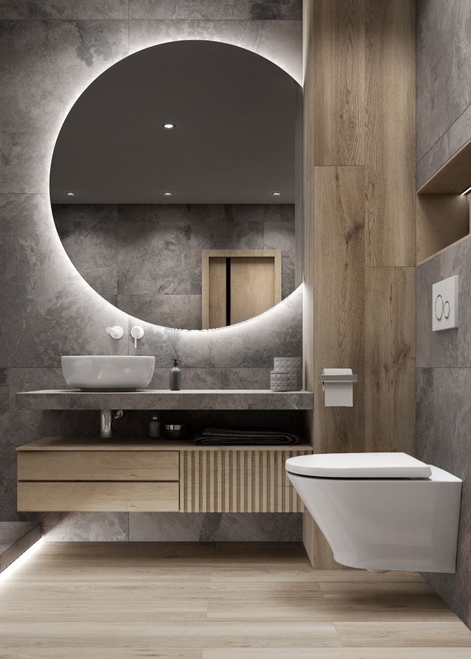 Szary kamień Azario Damario w łazience z drewnem