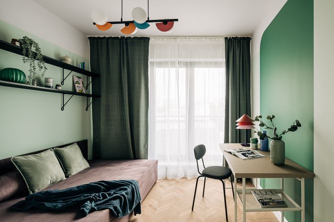 Zielony pokój w mieszkaniu studenckim, projekt Leydo Tandem Studio