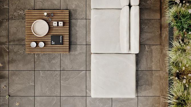 Detal płyt tarasowych z kolekcji Tubądzin Grand Cave KoraTER