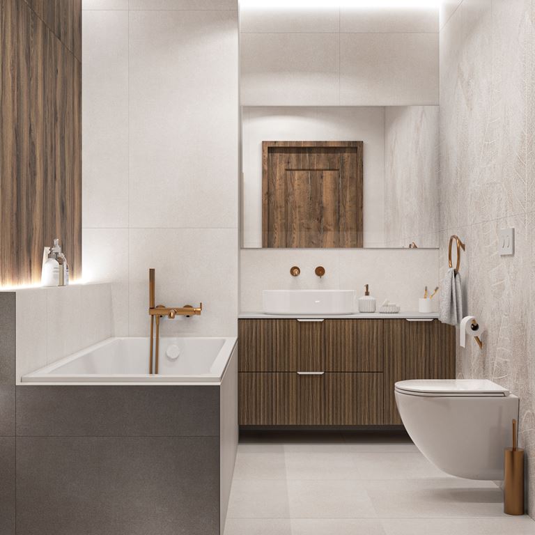 Beżowa łazienka z ciemnobrązowymi akcentami