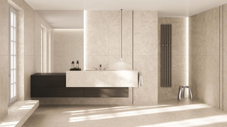 Minimalistyczna łazienka w beżowym gresie