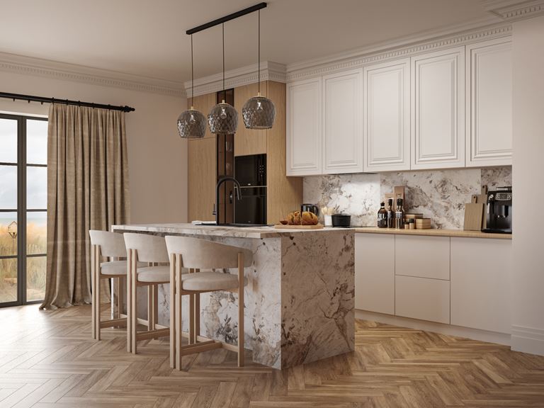 Jodełkowa podłoga i kamień w kuchni z wyspą