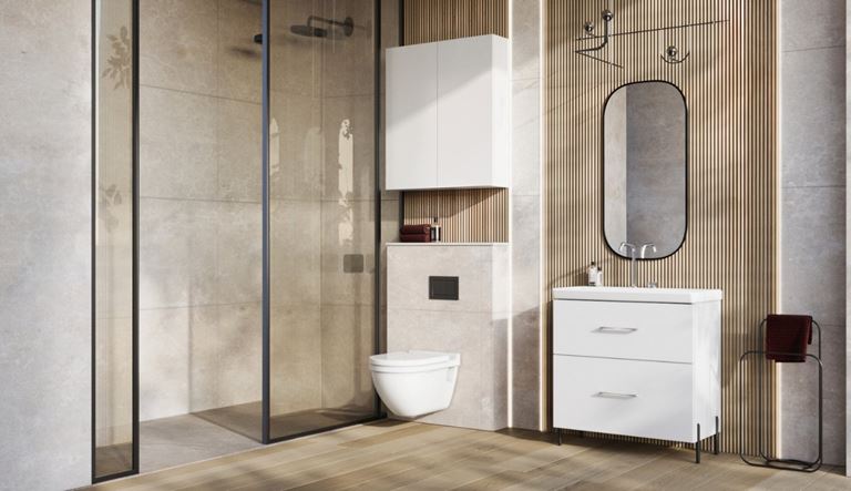 Łazienka w drewnie z białymi meblami