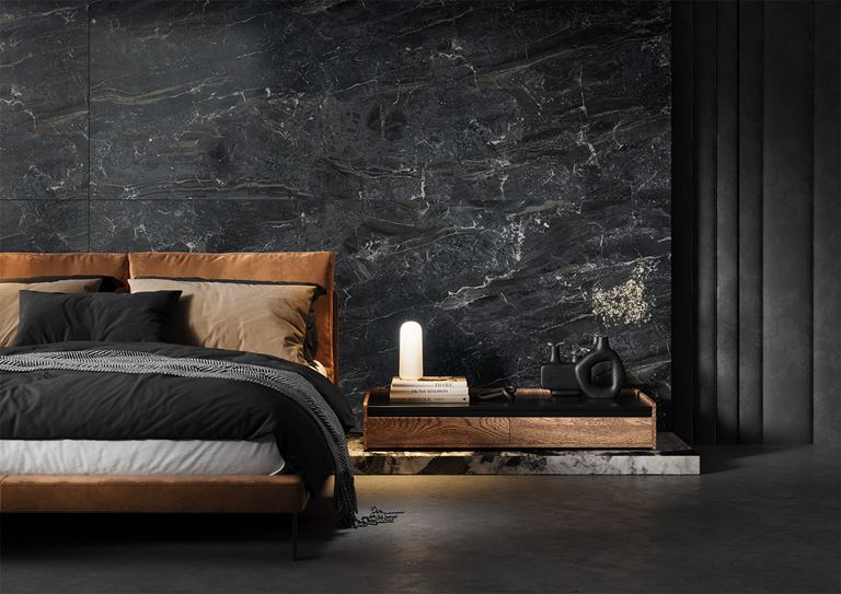 Ciemna sypialnia w czarnym kamieniu