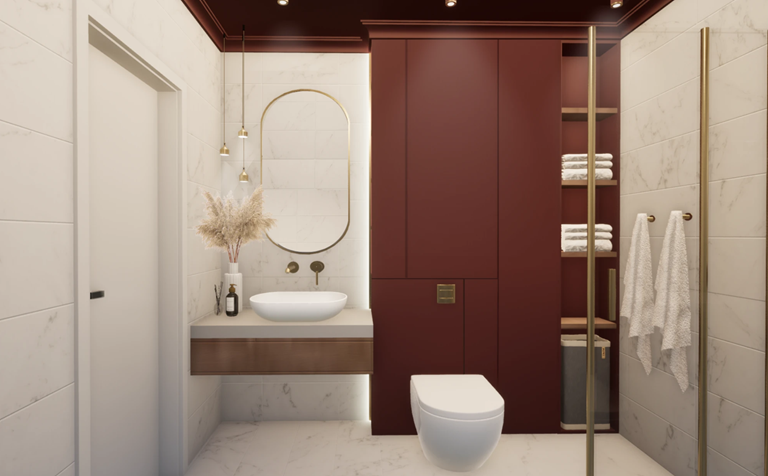 Biało-bordowa łazienka z płytkami inspirowanymi marmurem