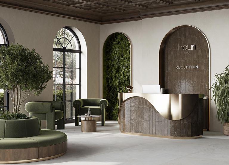 Recepcja hotelowa w stylu glamour w brązowych cegiełkach