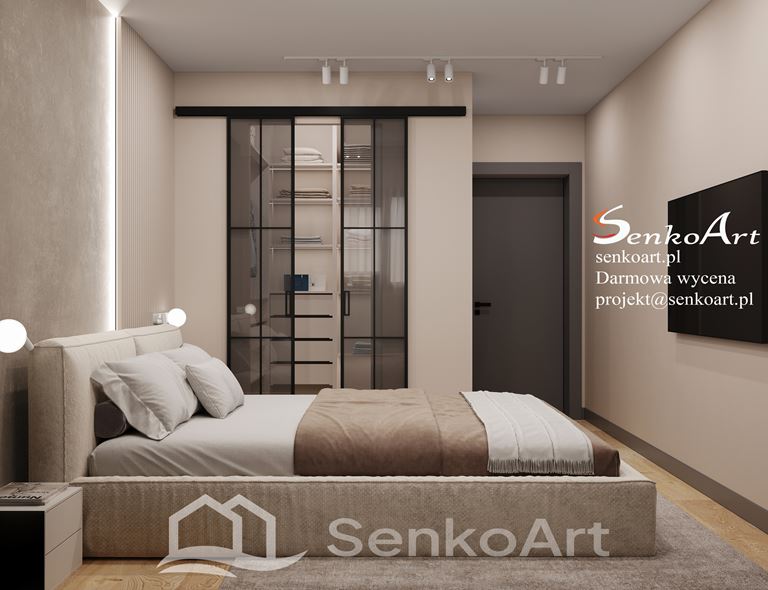Sypialnia z garderobą, utrzymane w szarości