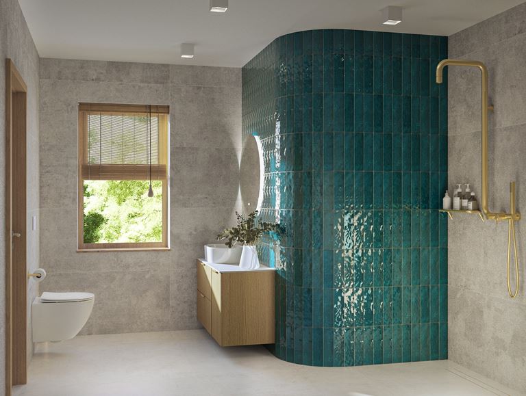 Beżowa łazienka z zaokrągloną ścianą w turkusowym wykończeniu
