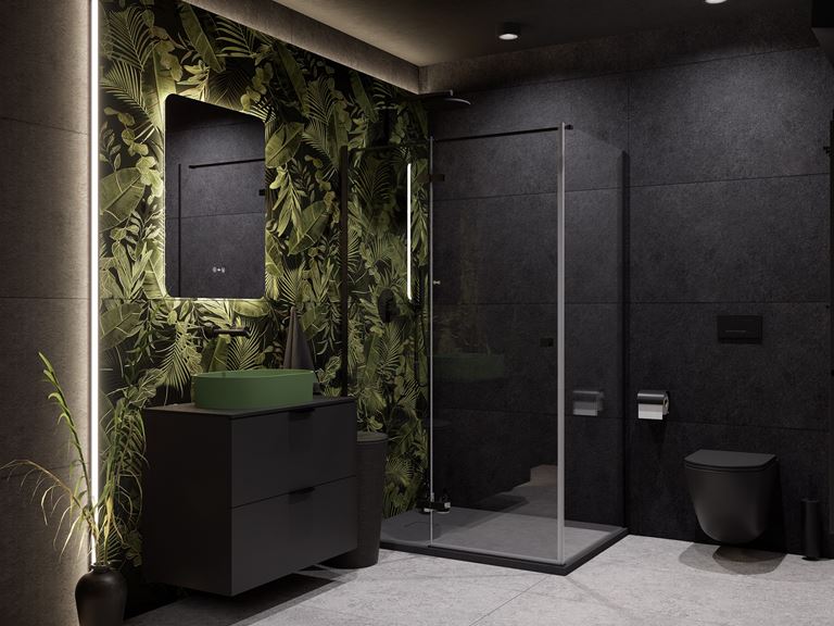 Czarno-szara łazienka z kabiną i brodzikiem