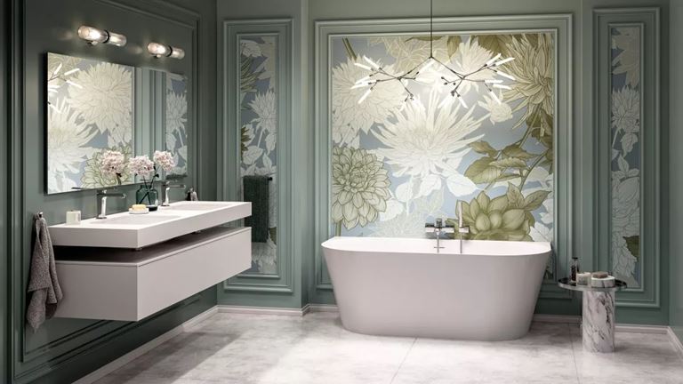 Florystyczna łazienka z chromowanymi bateriami FDesign Brina