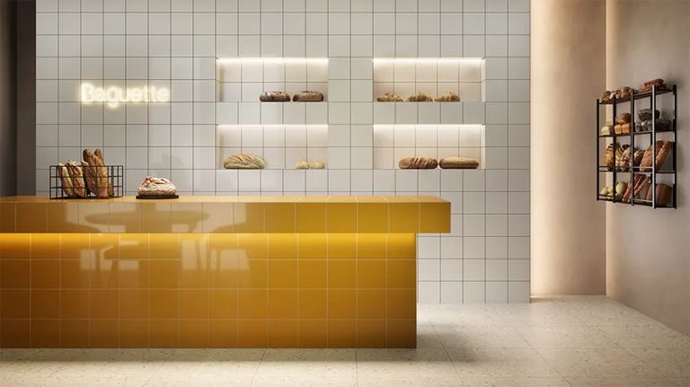 Piekarnia w biało-miodowych kaflach