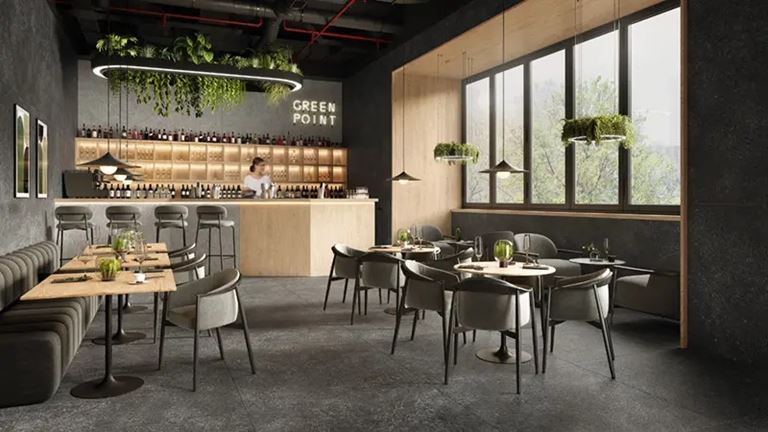 Wnętrze restauracyjne w szarościach Tubądzin Zimba