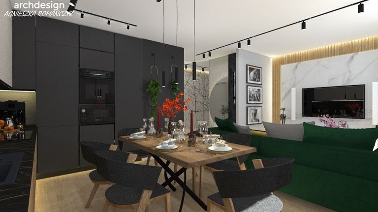 Nowoczesna jadalnia otwarta na salon i kuchnię