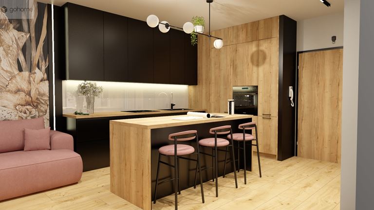 Kobieca kuchnia z czernią, drewnem i akcentem różu
