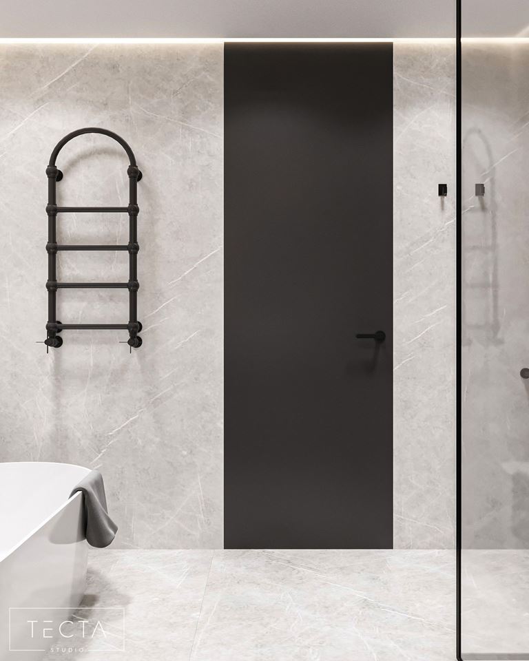 Szaro-czarna łazienka w stylu minimalistycznym z kamieniem