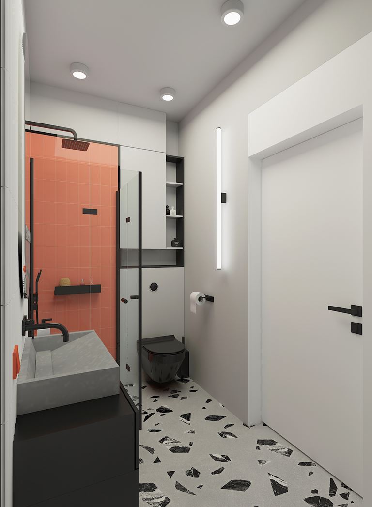 Nowoczesna łazienka z pomarańczową strefą prysznica