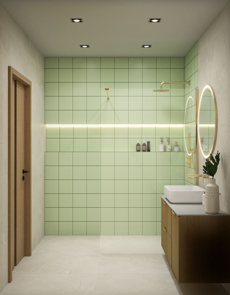 Miętowe kafelki w łazience z kabiną walk-in