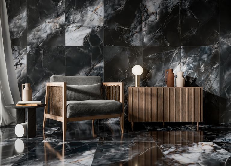 Ciemny salon w kamieniu