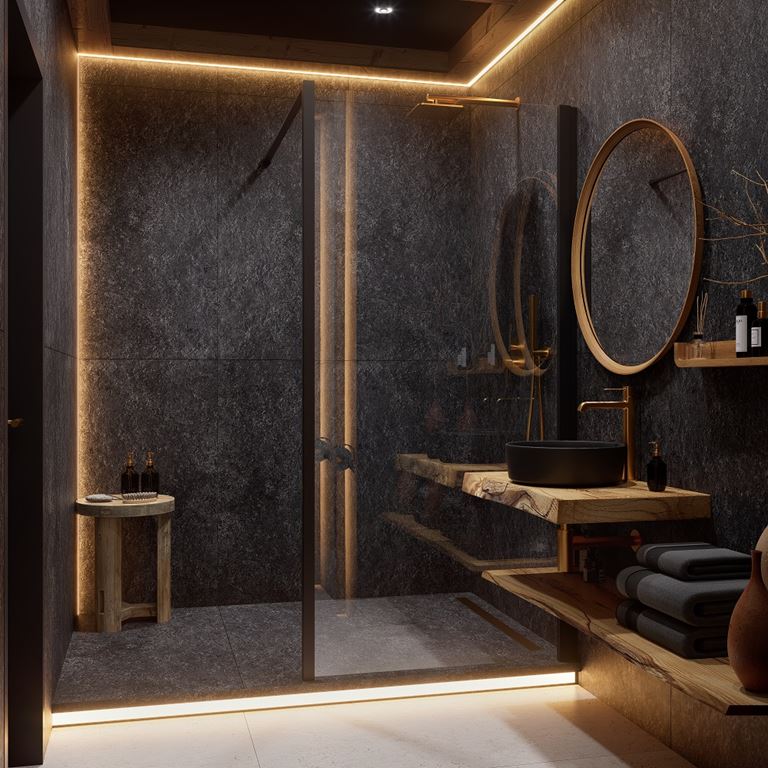 Czarna łazienka z kabiną walk-in i ceramiką nablatową